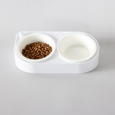 CoBowl | Double Ceramic Feeding Bowl for Cats & Dogs (White) 31 x 17 & Ø12cm - 300ml